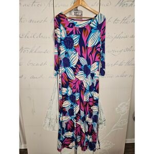 Soft Surroundings Floral Maxi Dress Blue Magenta 3/4 Sleeve Jersey Knit L